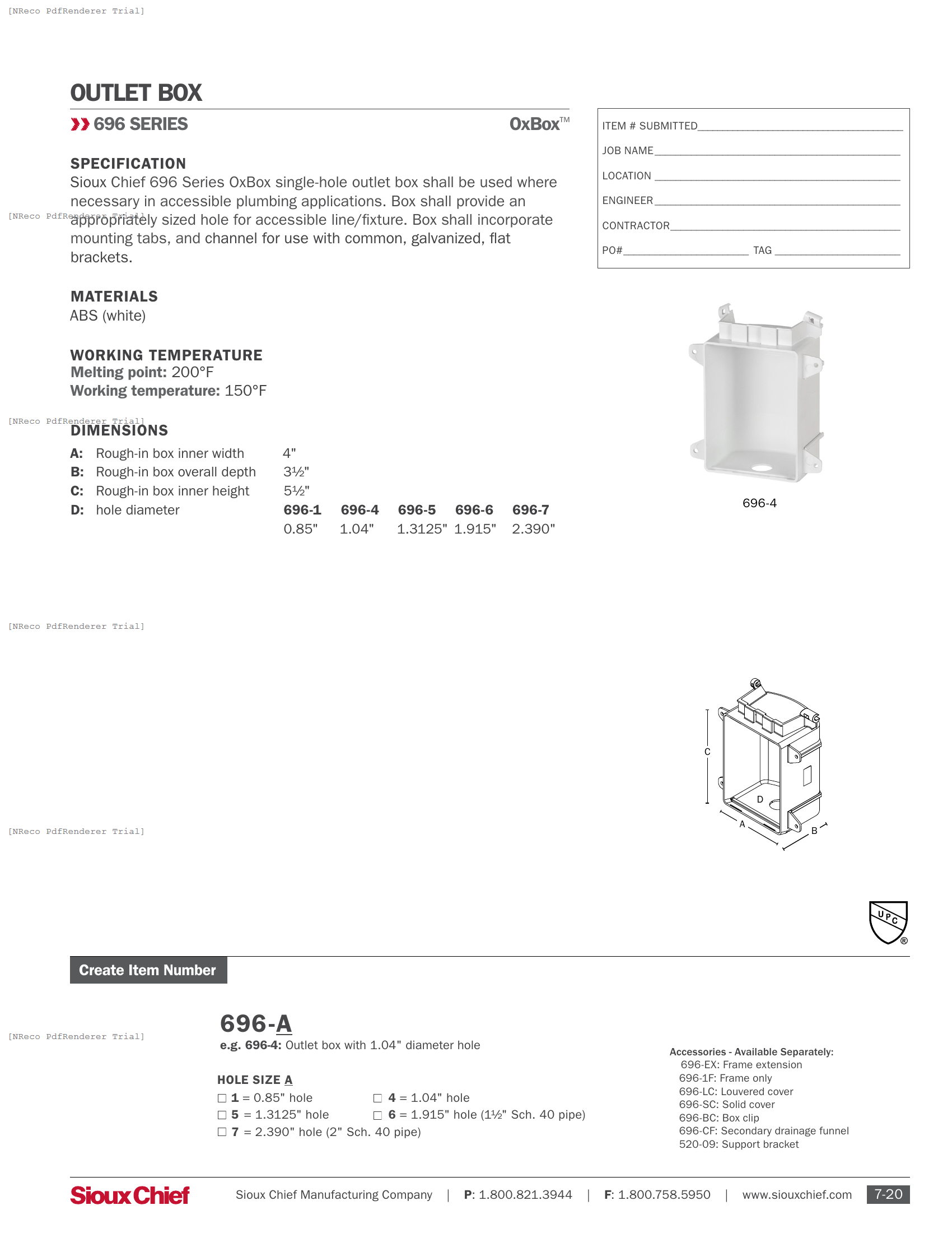 696 SERIES - OXBOX SINGLE HOLE OUTLET BOX - SPEC SHEET.PDF Specification Document
